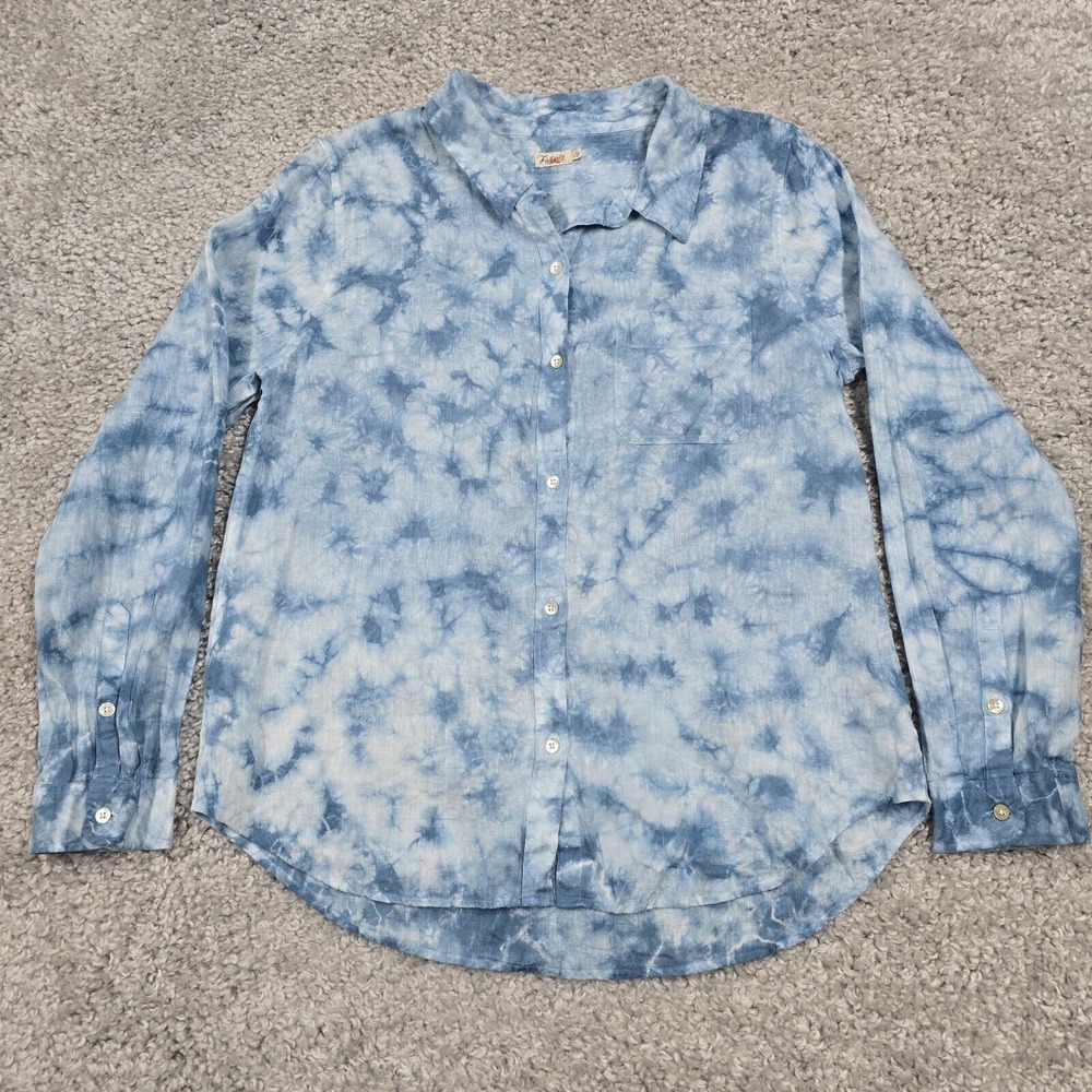Faherty Linen Button Up Shirt Womens Large Blue Tie Dye Coastal Boho Long Sleeve